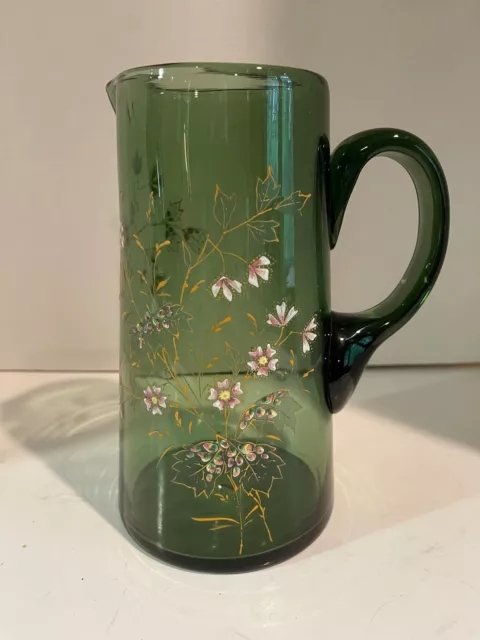 Antique Moser Hand Blown Hand Painted Enamel on Rare Olive Glass Jug Pitcher