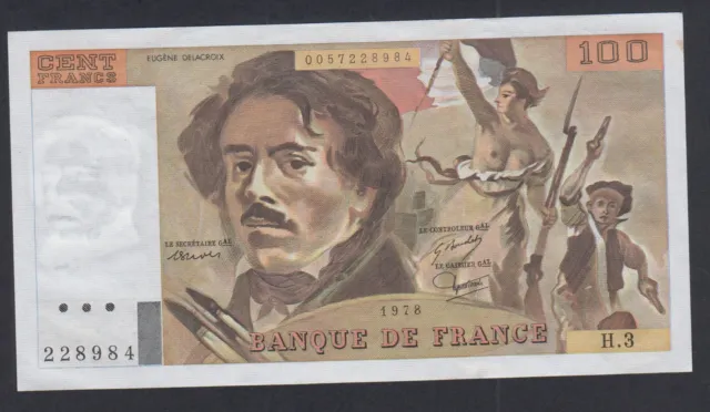 rare Billet France 100 Francs Delacroix 1978, H.3 228984, AU/UNC, cote 80 euros,