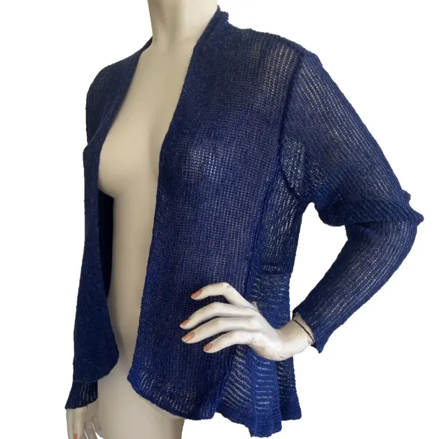 EILEEN FISHER Cardigan Sweater Violet Blue Long Sleeve Sheer Open Front Size M