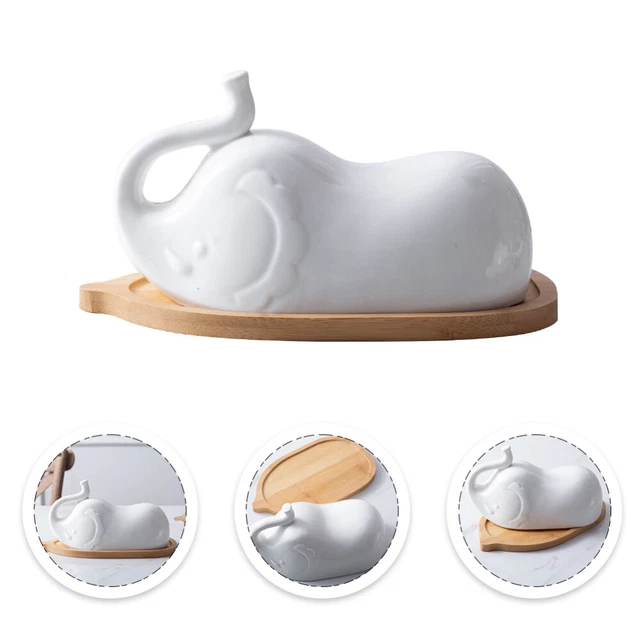 Plato de mantequilla de cerámica con forma de elefante soporte de mantequilla recipiente de mantequilla con bandeja