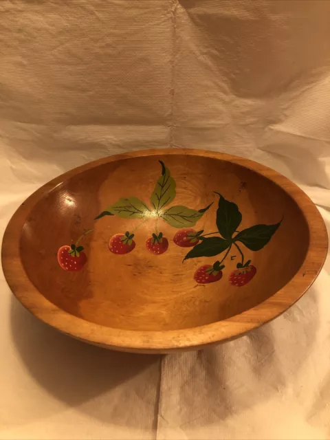 Vintage Wooden Footed Bowl w Strawberries handpainted inside