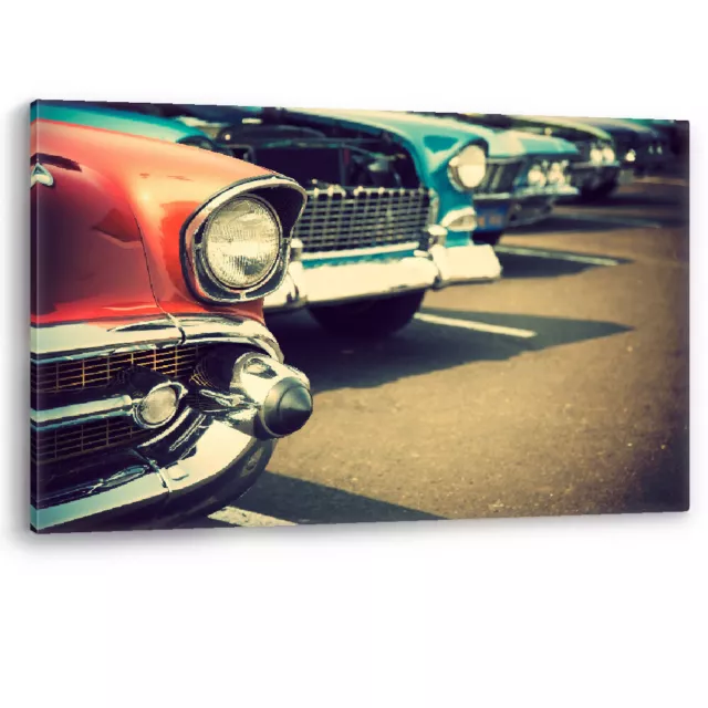 Classic Cars Retro 1950s America Chrome Framed Canvas Wall Art Picture Print