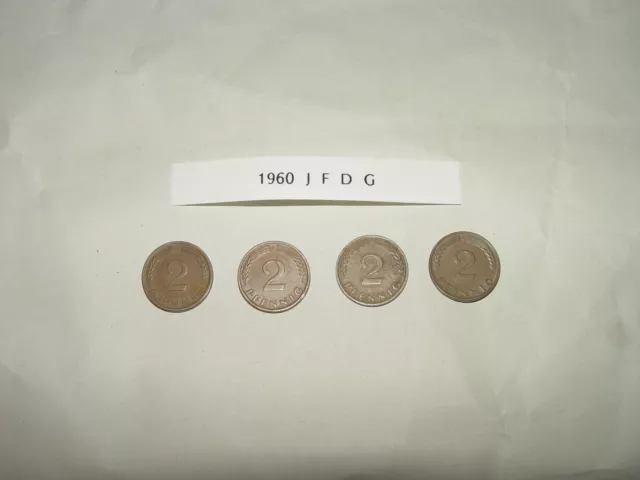 2 Pfennig Komplettsatz Kupfer 1960 J, F, D und G, nicht magnetisch, Rarität!