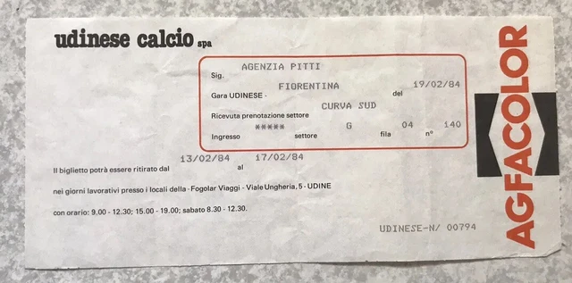 Billet De Match Serie A 1984/85 - Ascoli Vs Udinese - Rare