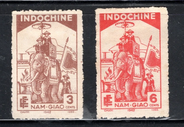 French Indo-China Stamp Scott #213-214, Harnessed Elephant, MLH, SCV$4.00