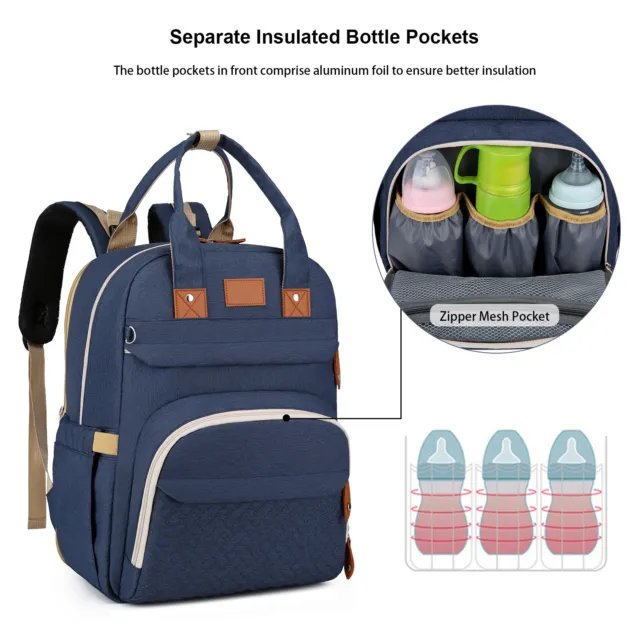 3 in 1 Baby Diaper Bag Backpack Foldable Crib w Changing Pad USB Port Waterproof 9