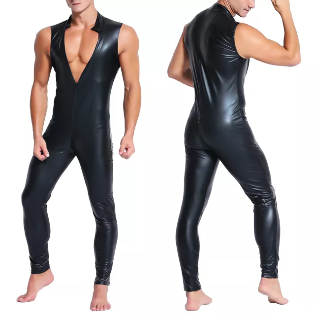 Hombre Wetlook Body Cuero Artificial Traje Cuero Todo Cuerpo Camiseta Muscular