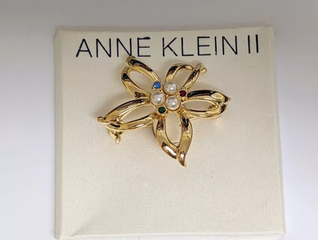 Old new stock Anne Klein goldtone faux Pearl & crystal star Pin Brooch