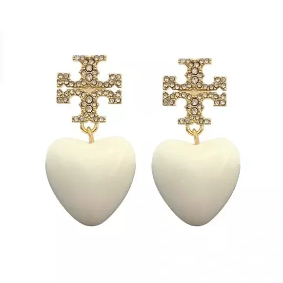 Auth Tory Burch WHITE Heart New Pave Drop Statement Earrings Rtl $168 w/tag/bag