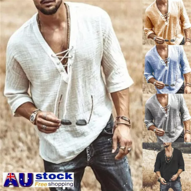 Mens Casual Long Sleeve Tops Cotton Linen Blouse Loose Henley V-Neck T Shirt AU