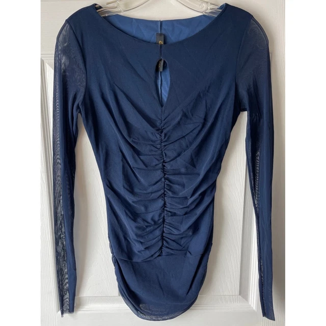 Elana Kattan Blouse Womens Size Small Navy Semi Sheer Long Sleeves