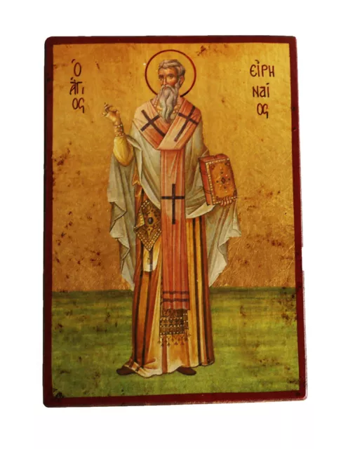 Greek Russian Orthodox Handmade Wooden Icon Saint Ireneus of Lyon 19x13cm