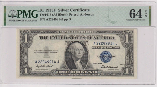 Fr 1615 1935F $1 SC A22249914J PMG 64EPQ SERIES 1935-F SILVER CERTIFICATE NOTE