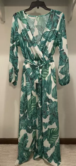 Palm Leaf Maxi Dress Cruise Luau Resort Green White Size Large