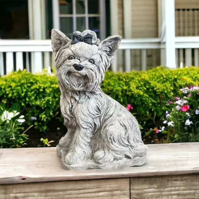 Sitting Yorkshire Terrier Garden Statue Realistic Yorkie Dog with Bow Figure 13"