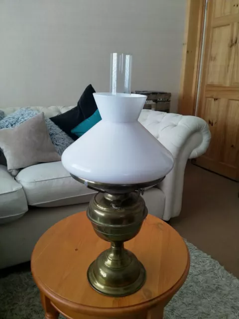 Huge  Duplex Oil Paraffin Lamp Brass White Glass Shade  & Clear Glass Chimney