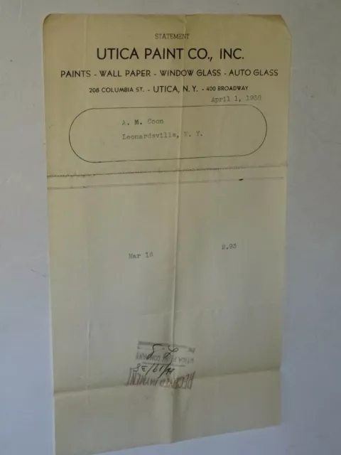 1938 letterhead Utica Paint Co. Inc. Utica, NY 4/1 Paints Wall Paper Glass