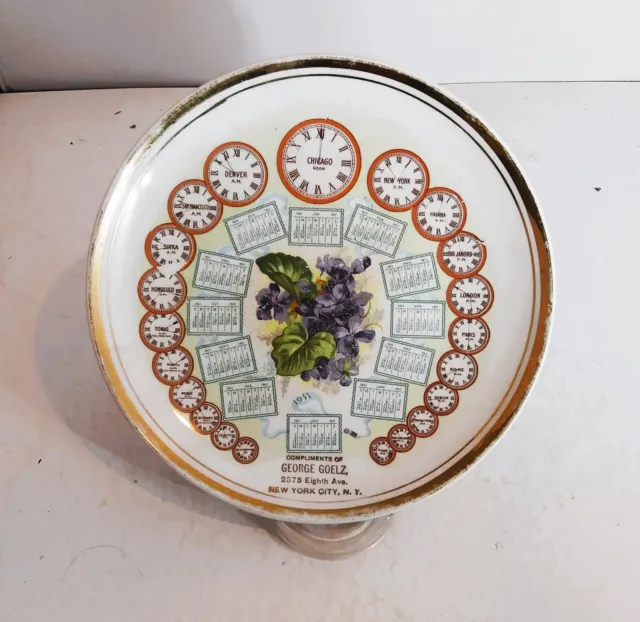 Antique advertising calendar plate: 1911, Violets,  Dates & Time Zones, Dresden