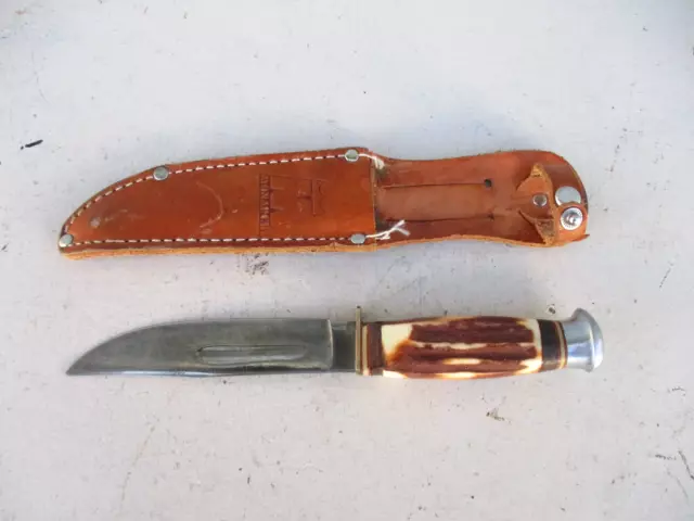 Vintage Monarch 2121 Fixed Blade Hunting Fishing Camping Knife w/ Leather Sheath
