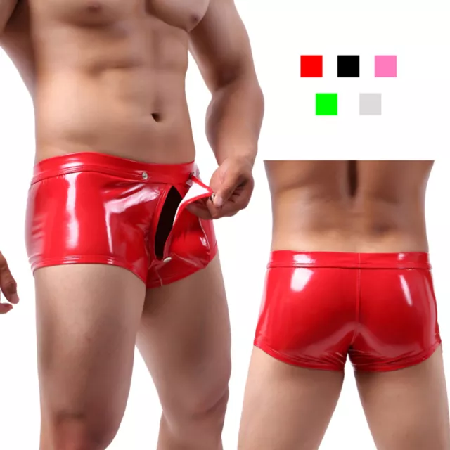 Biancheria intima gay sexy da uomo finta pelle look bagnato borsa boxer pantaloncini