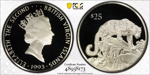 1993 -FM British Virgin Islands Silver $25 Dollars Snow Leopard - PCGS PR69 DCAM