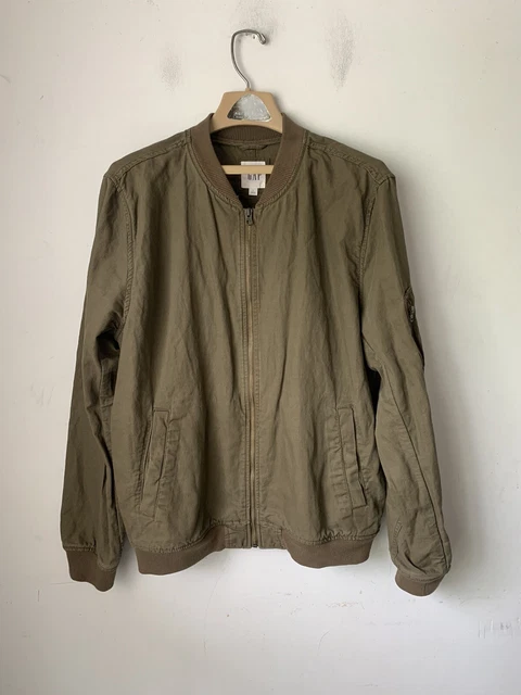 GAP Mens Bomber Jacket Large Green Linen Blend Military Full Zip Pockets