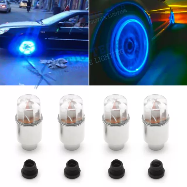 4pcs Blue LED Tyre Tire Air Valve Stem Cap Flashing Lights Accessories Universal