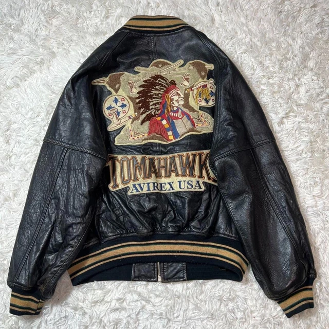 Vintage Avirex Leather Varsity Jacket Indian Chief Patches Tomahawks