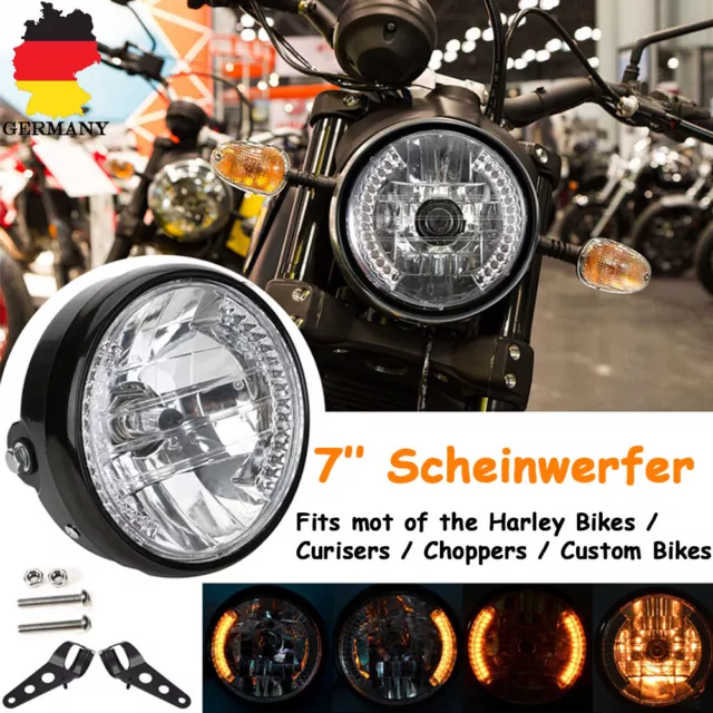 7'' Zoll Motorrad H4 35W Scheinwerfer LED Blinker+ Lampenhalter für Harley Honda