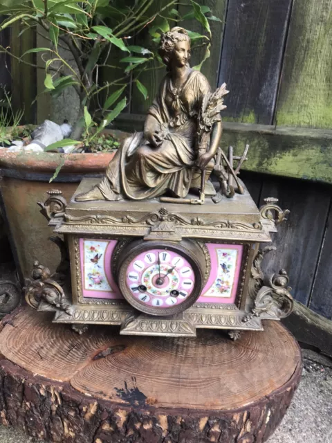 Antique French Henry Marc Paris ormolu mantel clock Sevres porcelain panel bell