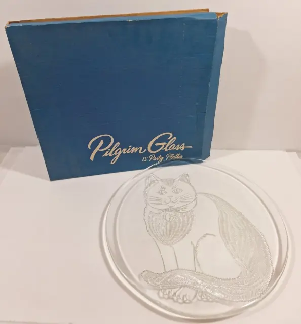Vintage Pilgrim 13" Cupcake Party Platter Etched Frosted Clear Glass Cat w/ Box