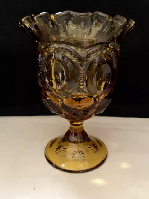 LE Smith Moon Stars Amber Ruffled Edge Pressed Glass Pedestal Compote Goblet