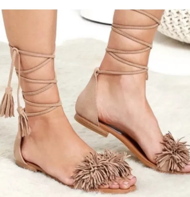 Steve Madden Sweety Fringe Ankle Tie Suede Gladiator Flat Sandals Brown Sz 8.5