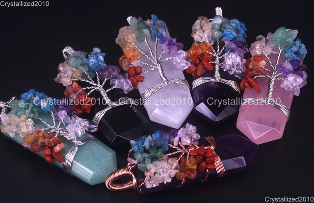 Natural Gemstone Healing Reiki Chakra Sword Shape Life Tree Pendant Charm Beads