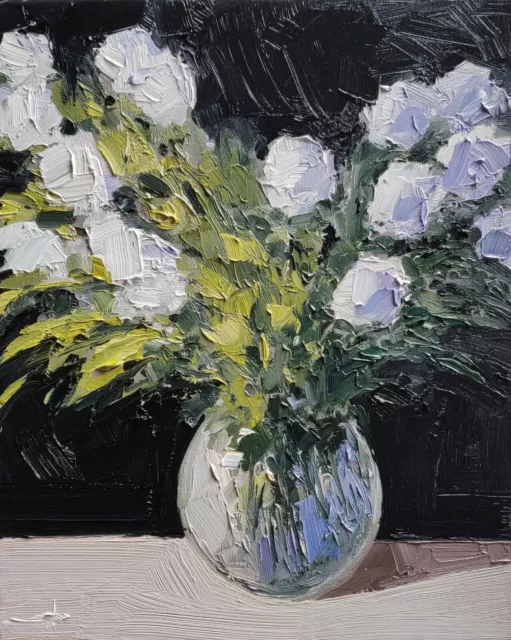 WHITE FLOWERS OIL PAINTING VIVEK MANDALIA IMPRESSIONISM SIGNED COLLECTIBLE 16x20