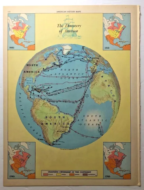 1950's Vintage DISCOVERY OF AMERICA Antique Atlas Map Hammond's New World Atlas