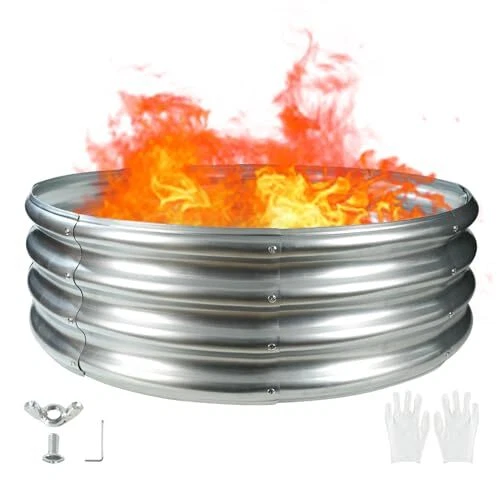 36" Silver Round Galvanized Steel Fire Ring Pit for Backyard,Camping,Bonfire;