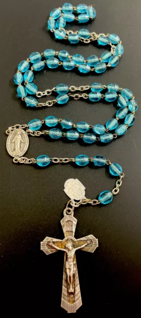 Vintage Catholic Aqua Blue Glass  Rosary Silver Tone Crucifix, France