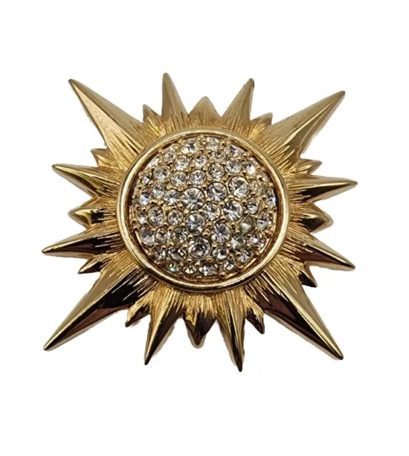 Vintage Swarovski Pave Crystal Starburst Celestial Gold Tone Swan Signed Brooch