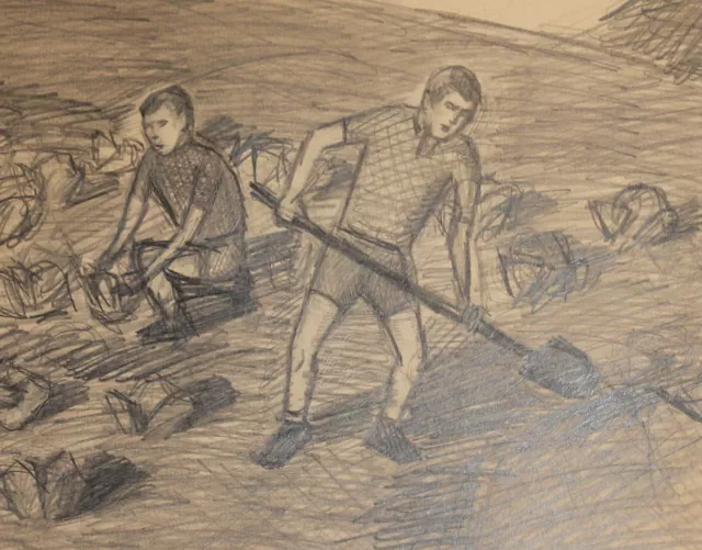 Vintage pencil drawing portrait field workers