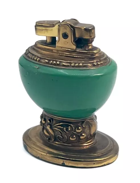 Vintage Ronson LEONA Table Lighter, Emerald Green Enamel + Plated Bronze, c.1949