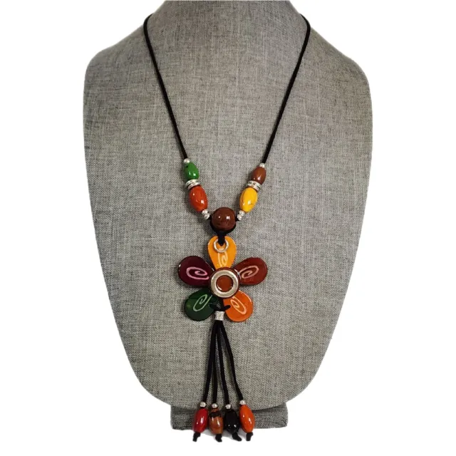 Necklace Boho Autumn Colors Lacquered Wood Flower And Glass Bead Fringe 19"