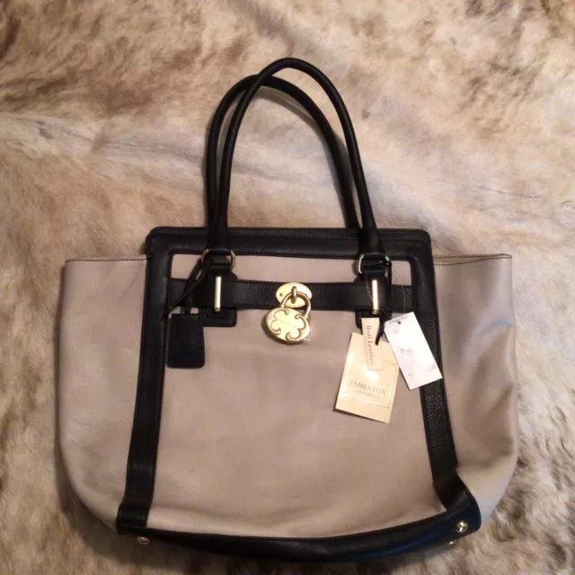 NWT 2014 EMMA FOX Cambridge Wing Tote Oatmeal Black Leather Front Lock Satchel