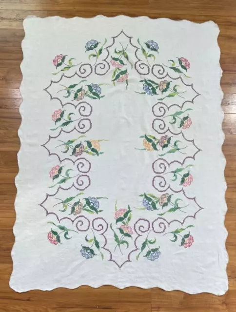 VINTAGE FLORAL FLOWERS LINEN TABLECLOTH HAND EMBROIDERED CROSS STITCH 47" x 64"
