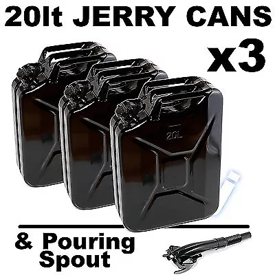 BLACK 20 litre lt JERRY CANS 20lt x 3 & FREE Spout