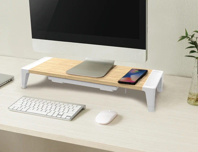 Bostitch Wooden Monitor Stand, Wireless Charging Pad, Drawer for Storage