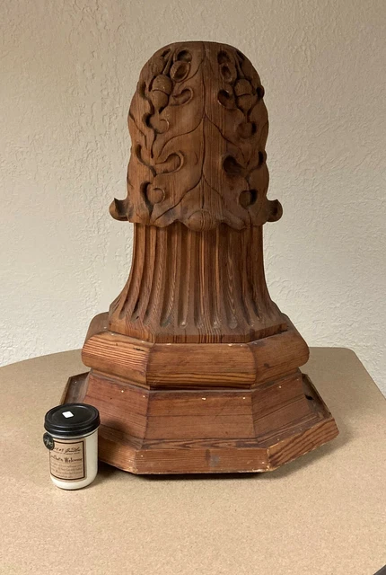 Large Antique Vintage Newel Hexagon Hand Carved Wood Finial Salvage 29" H