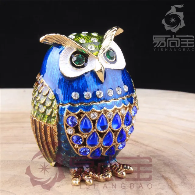 Retro Mini Owl Jeweled Trinket Storage Box Hand Painted Enamel Jewelry Organizer