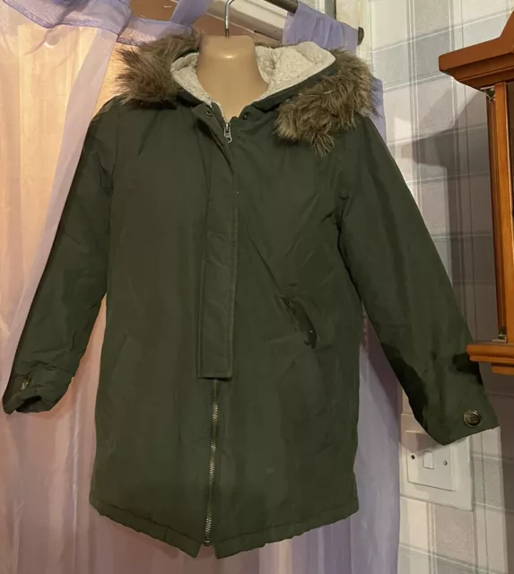 MANGO Kids Girls coat Age 9/10 Khaki Fur Lined Hooded Parka Jacket