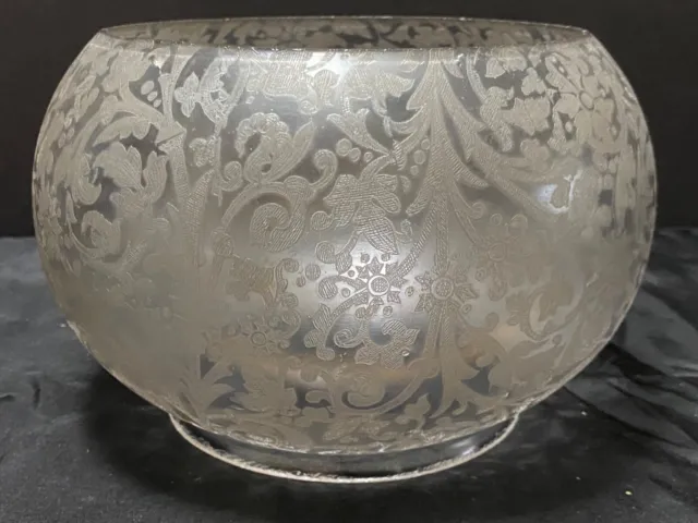 GLASS GAS OIL LAMP SHADE Antique Etched Floral & Frosted 5" Fitter 2